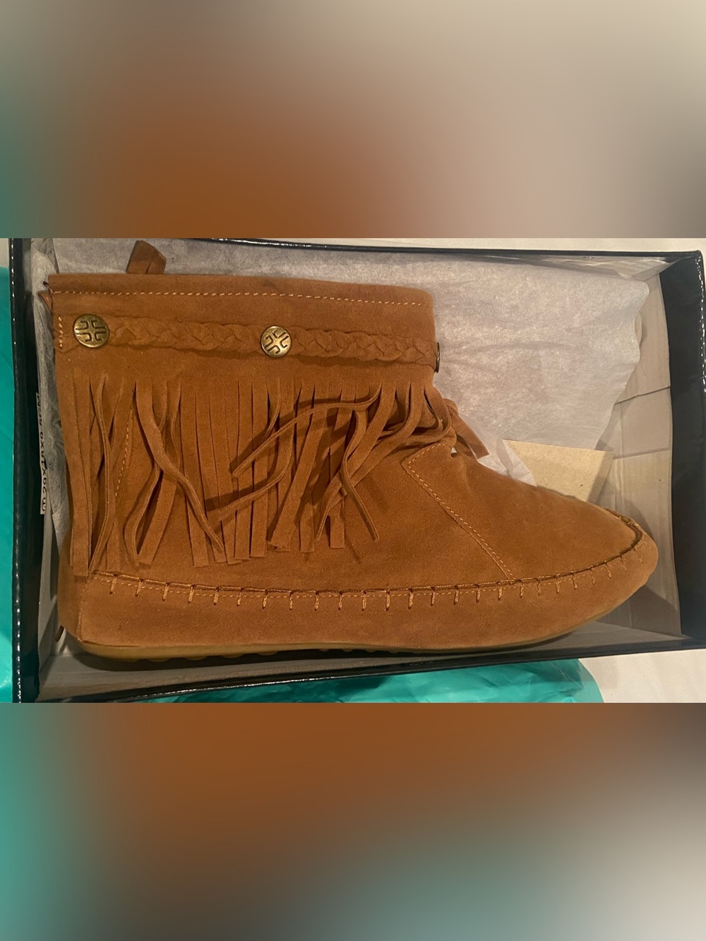 Tan Western Suede Moccasin Bootie with metal accents, fringe & zip back. NIB